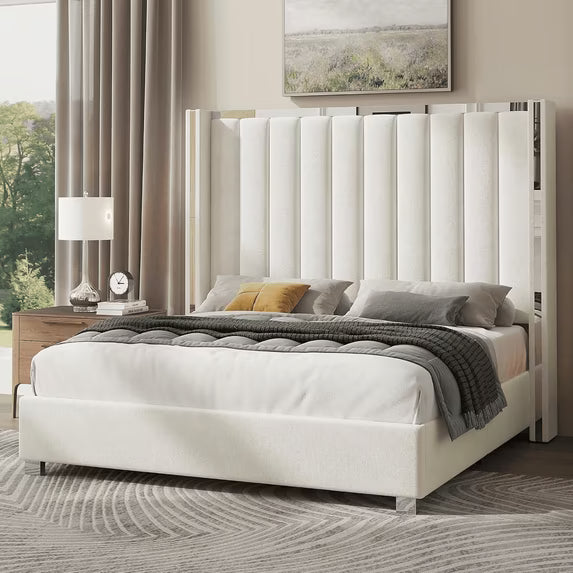 PLAUIN King Bed Frame for Adult with Channel Tufted and Wingback Headboard, Velvet