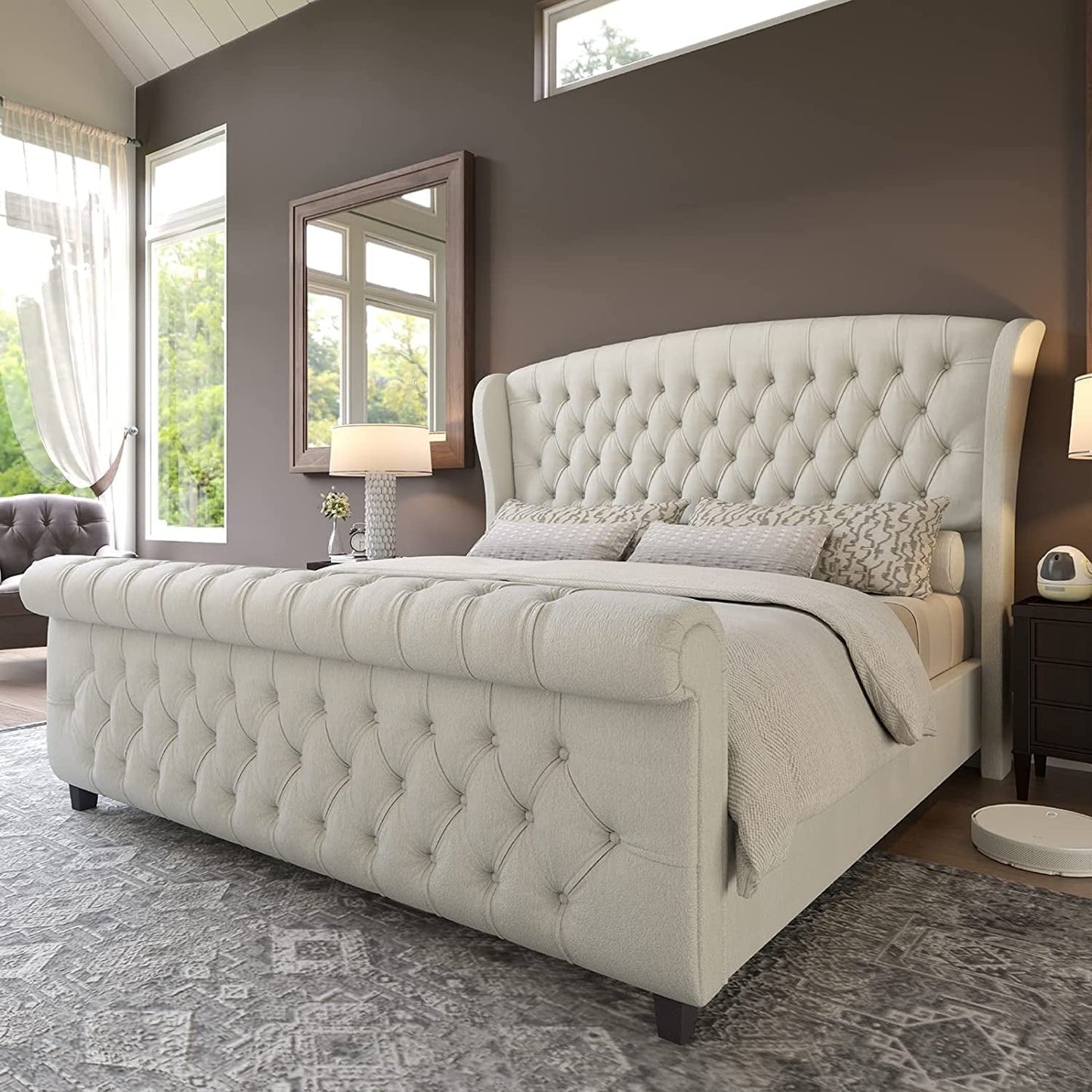 PLAUIN King Size Bed Frame with Scroll Wingback Headboard, Chenille Upholstery and Footboard, Cream