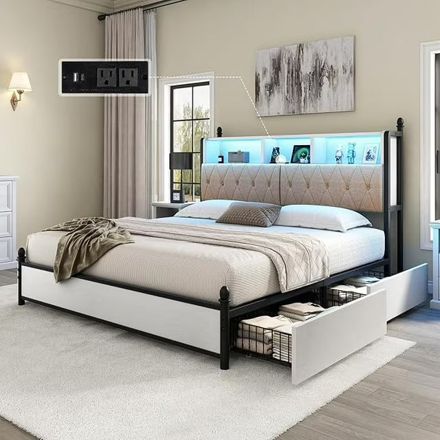 PLAUIN Bed Frame with Wood Platform, Bookcase Headboard and LED Light