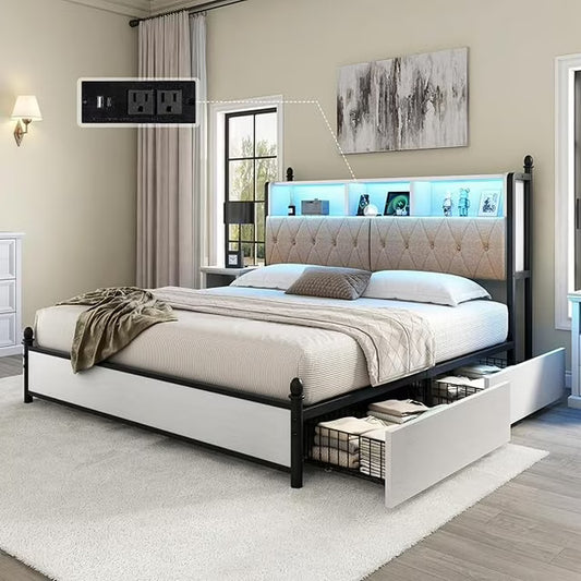 PLAUIN Bed Frame with Wood Platform, Bookcase Headboard and LED Light