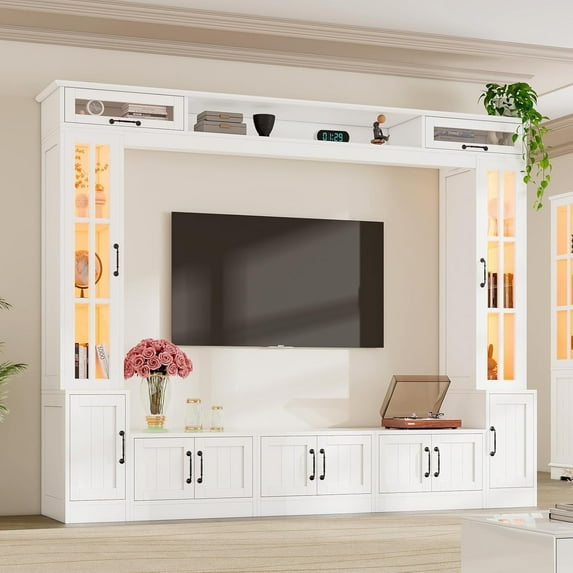 PLAUIN Large Entertainment Center, 98" Wooden TV Stand with Bookshelves, LED Lights, White