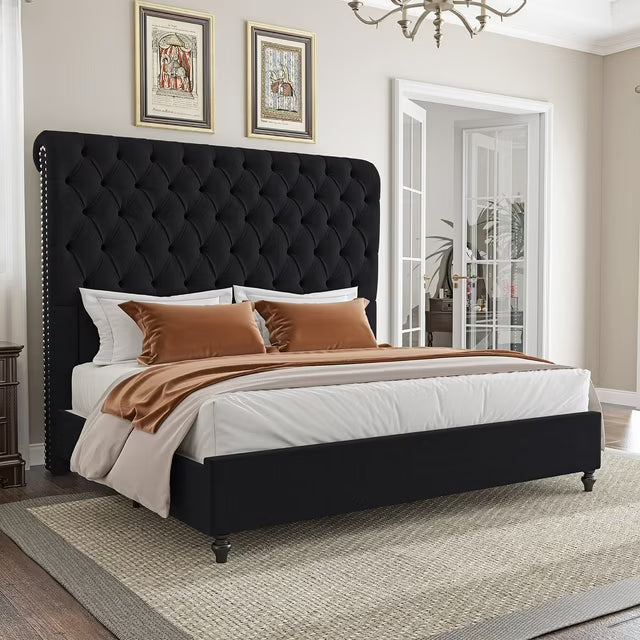 PLAUIN Bed Frame with 59.1" Sleigh Headboard,Velvet Upholstered,No Box Spring Needed