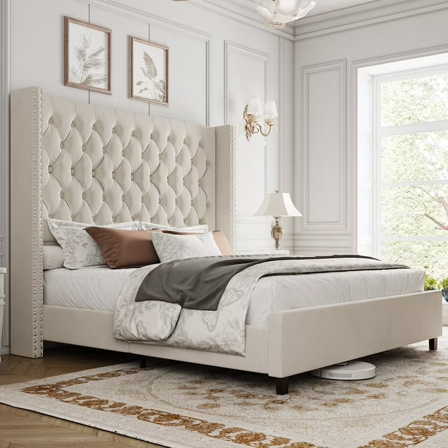 amerlife Bed Frame with 61.4" Tall Headborad and Deep Button Tufted,No Box Spring Needed,Velvet Upholstered
