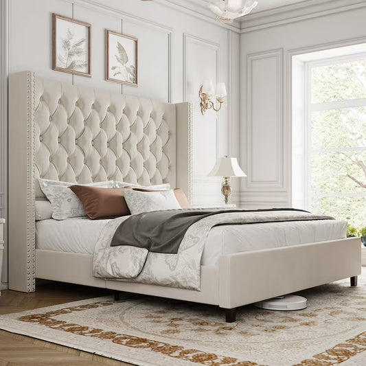 amerlife Bed Frame with 61.4" Tall Headborad and Deep Button Tufted,No Box Spring Needed,Velvet Upholstered