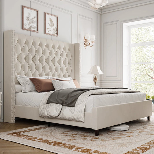 PLAUIN Bed Frame with 61.4" Tall Headborad and Deep Button Tufted,No Box Spring Needed,Velvet Upholstered