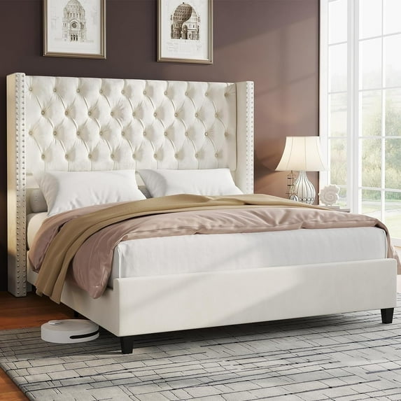 PLAUIN Bed Frame with Deep Button Tufted and Velvet Wingback Headboard,No Box Spring Needed