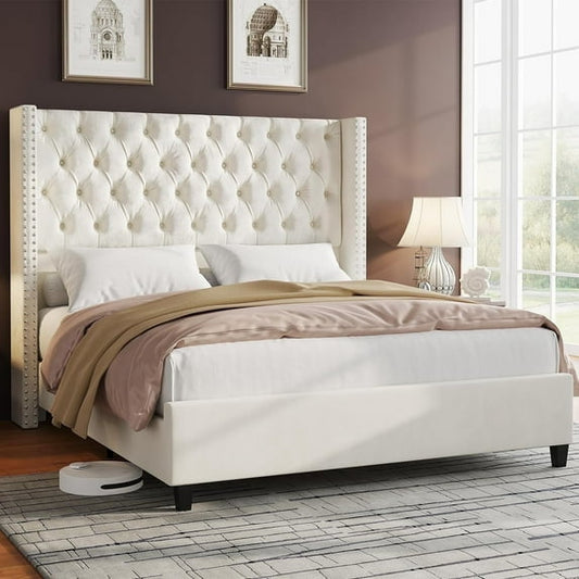 PLAUIN Bed Frame with Deep Button Tufted and Velvet Wingback Headboard,No Box Spring Needed