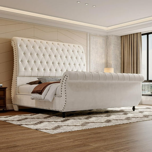 PLAUIN Bed Frame, Velvet Upholstered Platform Sleigh Bed With Scroll Headboard & Footboard, Button Tufted, No Box Spring Needed