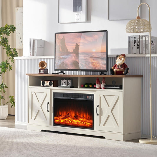 PLAUIN TV Stand with 26" Fireplace, 63" Entertainment Center with Fireplace, Rustic Oak & White