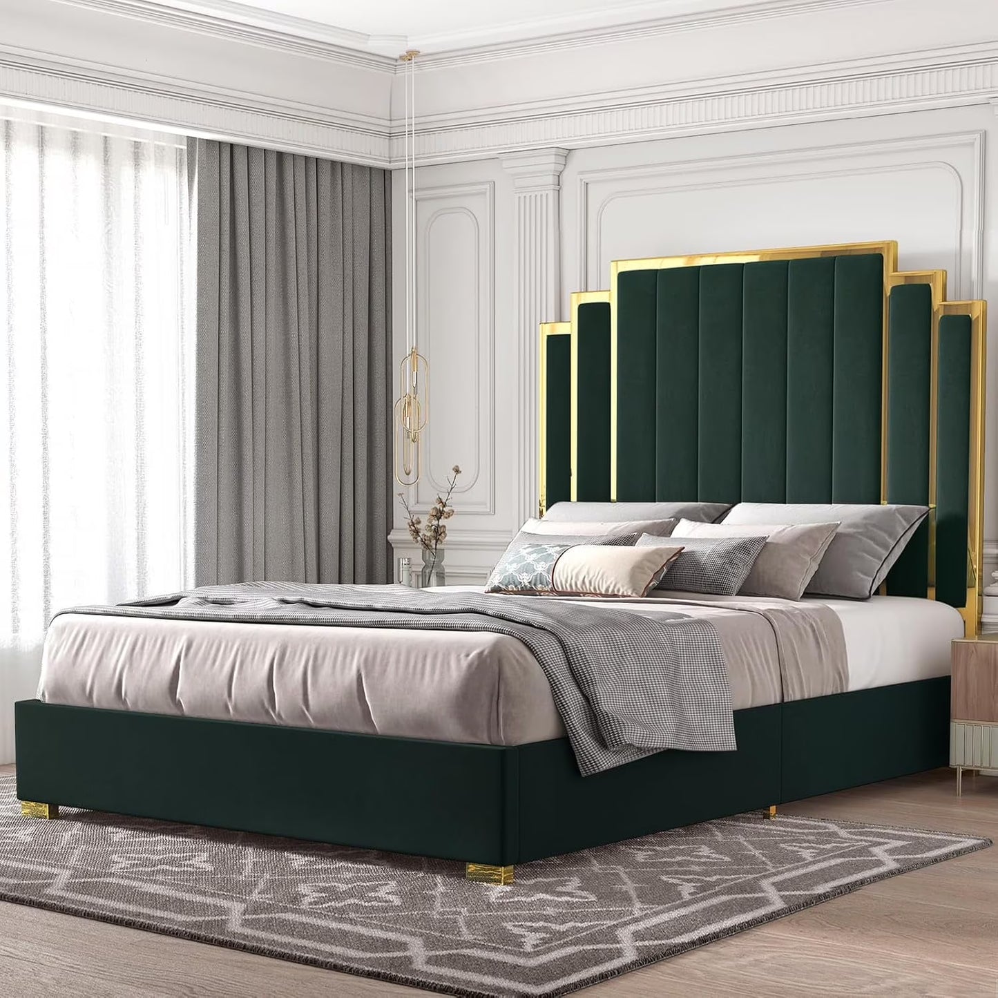 PLAUIN Upholstered Bed Frame with 61" Headboard, Golden Plating Trim