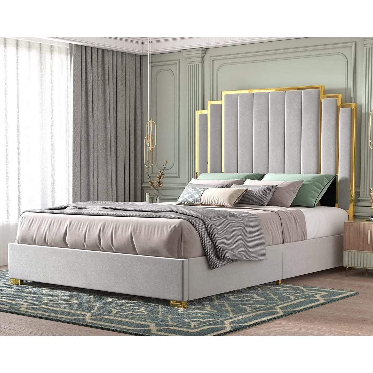 PLAUIN Upholstered Bed Frame with 61" Headboard, Golden Plating Trim