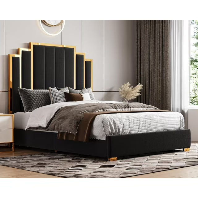 PLAUIN Upholstered Bed Frame with 61" Headboard, Golden Plating Trim