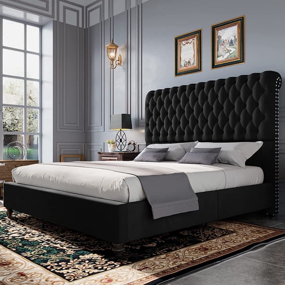 VanAcc Bed Frame Low Profile Velvet Upholstered Sleigh Bed Deep Button Rolled Edge Tufted Headboard, Wood Slats Support
