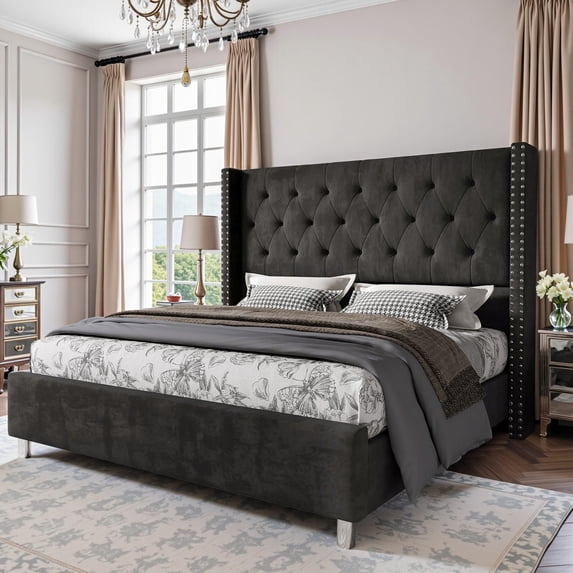 VanAcc Velvet Upholstered Platform Bed Frame with Button Tufted Wingback Headboard