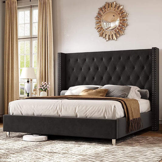 VanAcc Velvet Upholstered Platform Bed Frame with Button Tufted Wingback Headboard