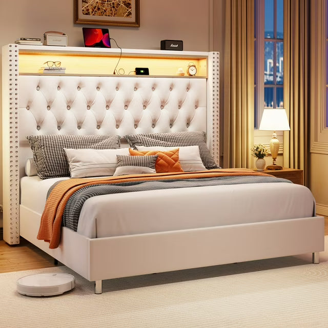 PLAUIN LED Bed Frame,Charging Station and Storage Upholstered Headboard/Velvet
