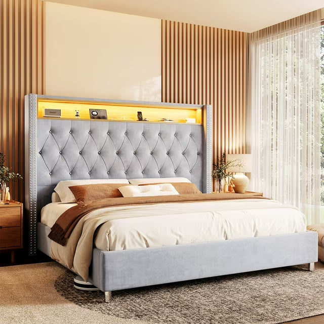 PLAUIN LED Bed Frame,Charging Station and Storage Upholstered Headboard/Velvet
