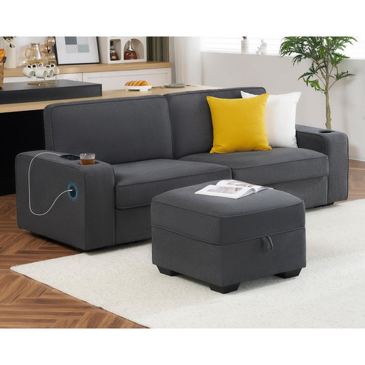 Sofa, 3 Seater Sofa- Deep Seat Sofa with Storage Ottoman, Comfy Couch with Cup Holders & USB Charging Ports, Modern Couch for Living Room(Charcoal Grey Chenille)