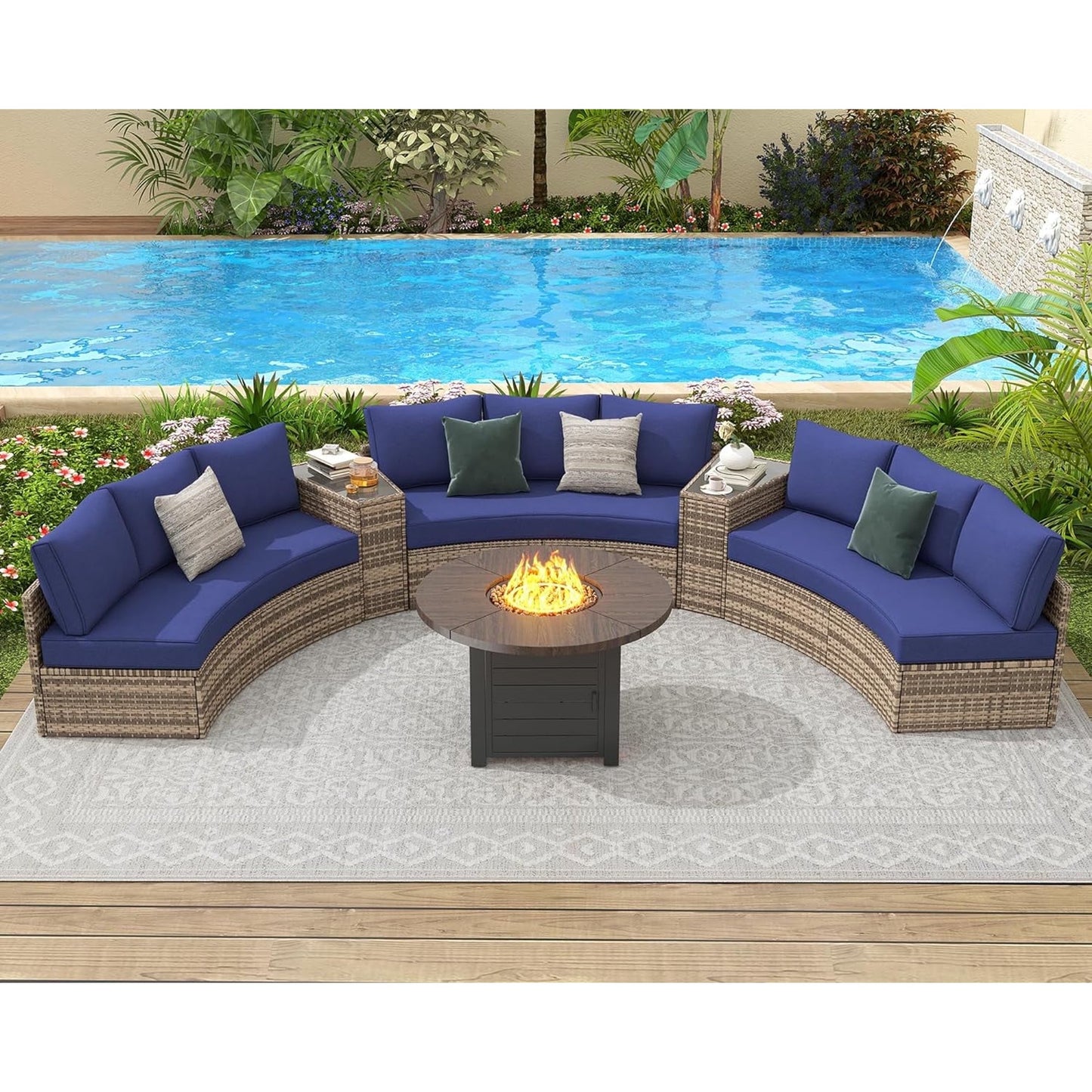 Patio Conversation Set, 11 Piece Half-Moon Sectional Round Patio Furniture Set with Large Storage Wedge Table Wicker Sofa Set