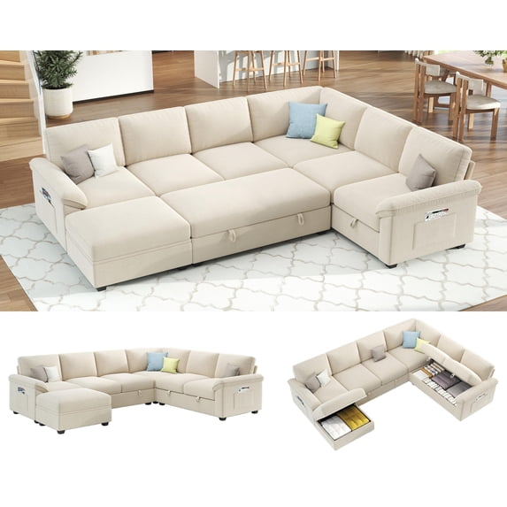 Papajet 105" Sofa Bed, Sectional Sleeper Sofa with Pull Out Bed/Reclining Backrest, 6 Seater Sleeper Couch Bed with Storage