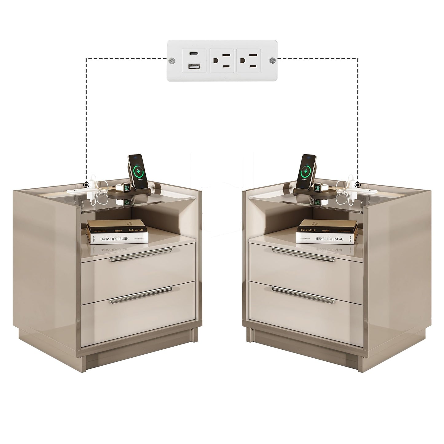 Papajet 23.6" Nightstand, High Gloss End Table with Glass Tabletop, Modern Bedside Table with Charging Station for Bedroom