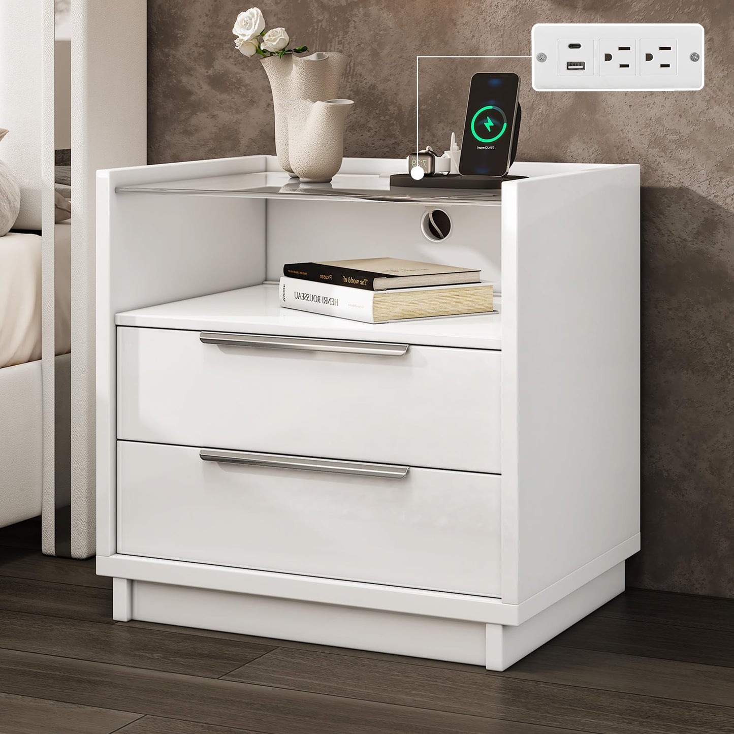 Papajet 23.6" Nightstand, High Gloss End Table with Glass Tabletop, Modern Bedside Table with Charging Station for Bedroom
