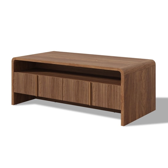 Papajet 39.4" Fluted Coffee Table with Storage and Rounded Edges, Brown Wood Living Room Table, 2 Drawers and Open Shelf