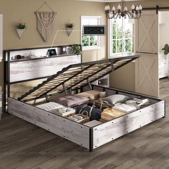 Papajet 39"H Lift up Storage Bed Frame, Wooden Platform Bed Frame with Lifting Storage & Charging Station