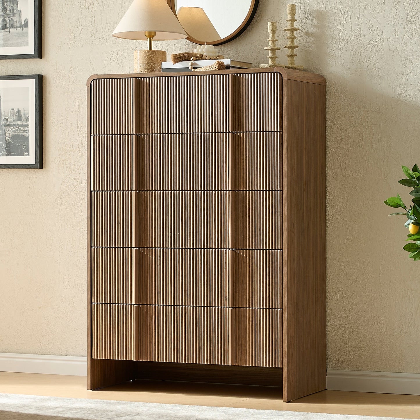 Papajet Dresser, 48" Tall Modern Chest of Drawers with Pine Handle, Rounded Corner & Anti-Tip for Bedroom, Living Room, Entryway