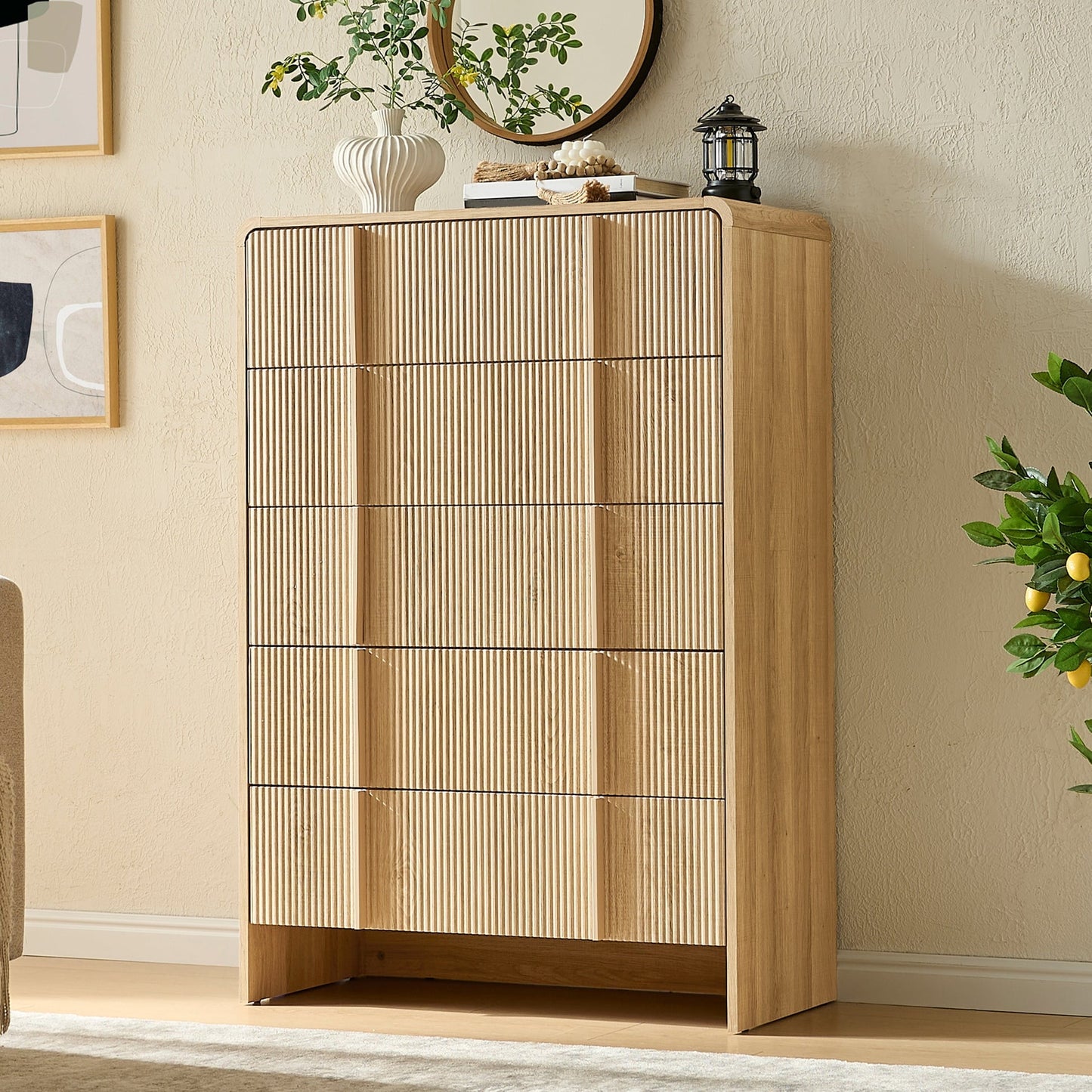 Papajet Dresser, 48" Tall Modern Chest of Drawers with Pine Handle, Rounded Corner & Anti-Tip for Bedroom, Living Room, Entryway