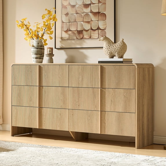 Papajet 6 Drawer Dresser, 63" Wide Modern Chest of Drawers with Pine Handle, Rounded Corner & Anti-Tip for Bedroom, Living Room, Entryway