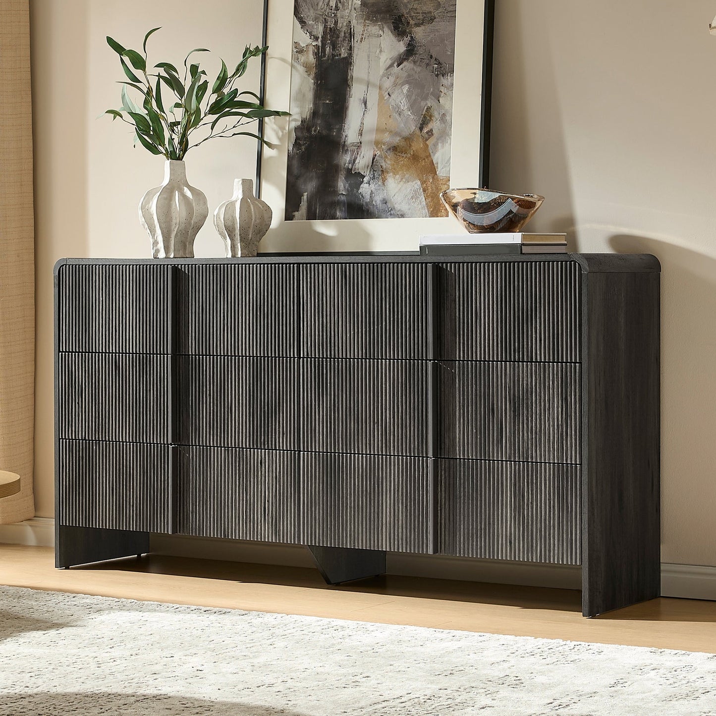 Papajet Dresser, 48" Tall Modern Chest of Drawers with Pine Handle, Rounded Corner & Anti-Tip for Bedroom, Living Room, Entryway