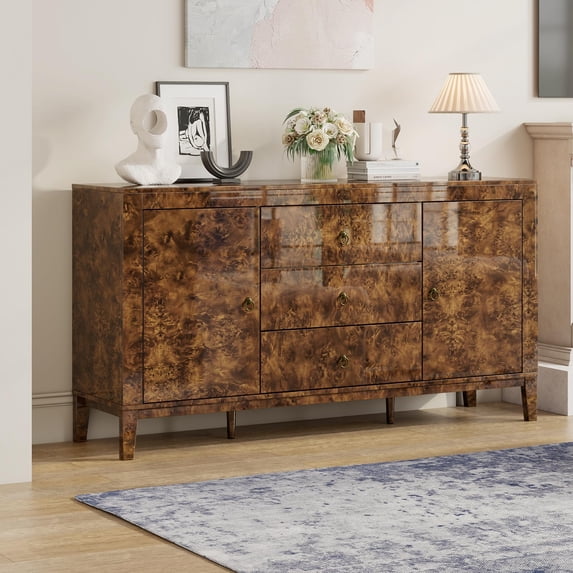 Papajet 60'' High Gloss Burl Wood Buffet Sideboard, Storage Cabinet with 3 Drawers & 2 Closed Cabinets, for Dining Room, Dark Brown Burl