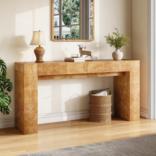 Papajet Burl Wood Console Table, Modern High Gloss Entryway Table with 2 Storage Drawers for Entrance, Hallway, Foyer, Living Room