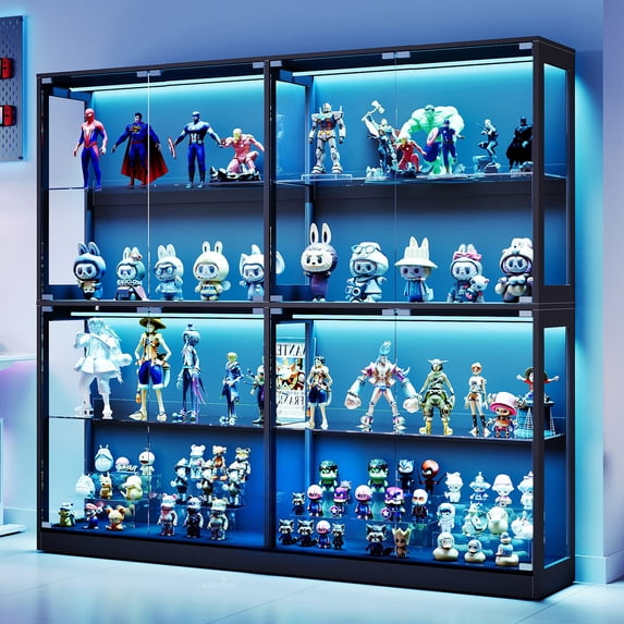 Papajet Display Cabinet with Glass Doors and RGB Lights, 4-Tier Storage Display Case, Adjustable Shelves, MDF and Tempered Glass