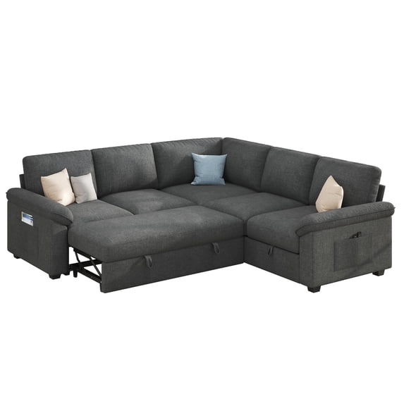 Papajet Sofa Bed, Sleeper Sofa with Storage, Convertible, Gray, for Living Room, L Shaped, with Storage, Side Pockets