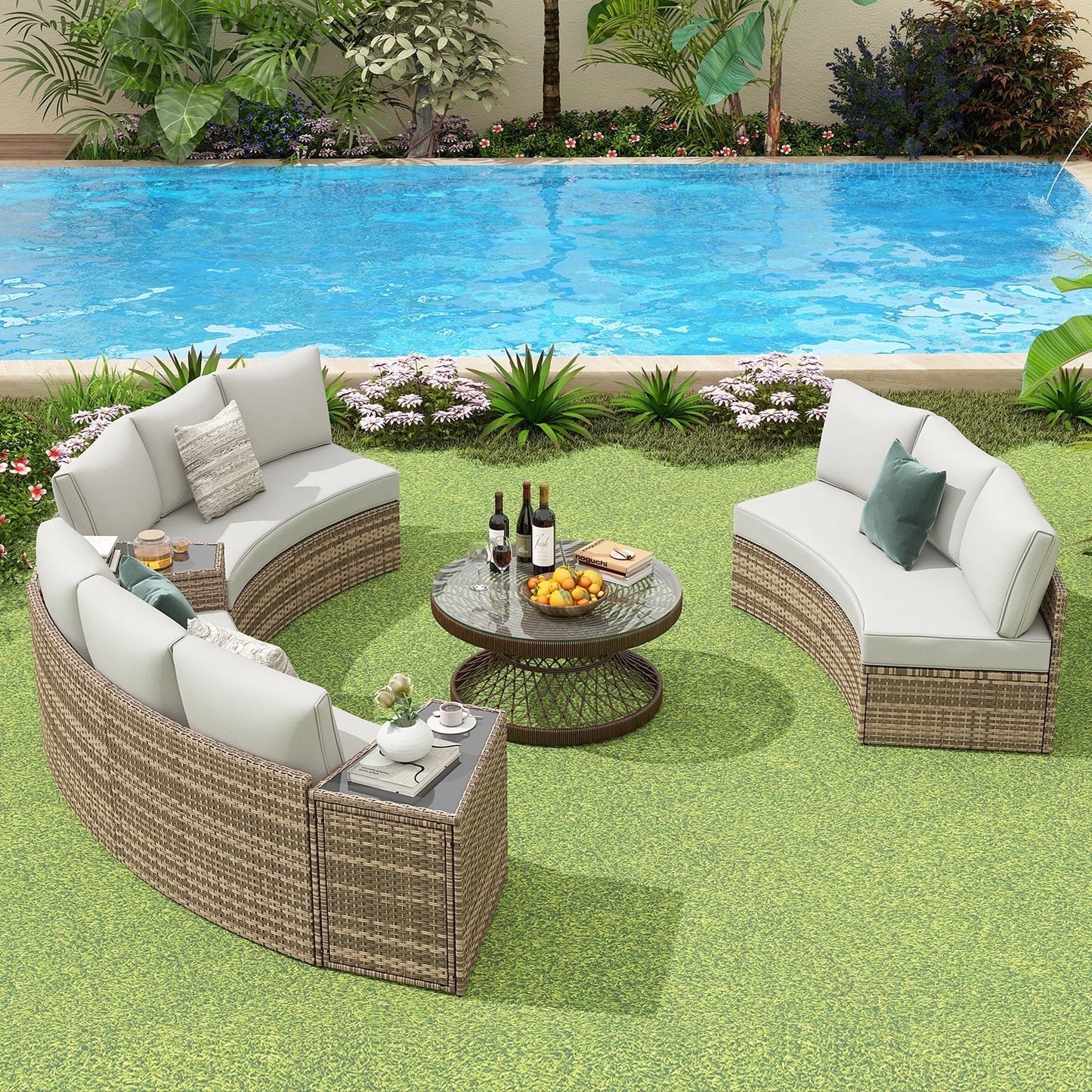Papajet Patio Conversation Set, Half-Moon Sectional Wicker Sofa Set for Backyard