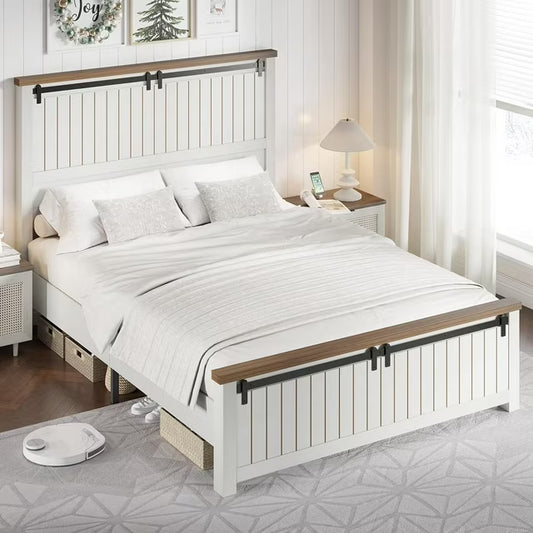 Papajet Farmhouse Bed Frame with Sliding Barn Door, Tall Headboard and Wooden Platform