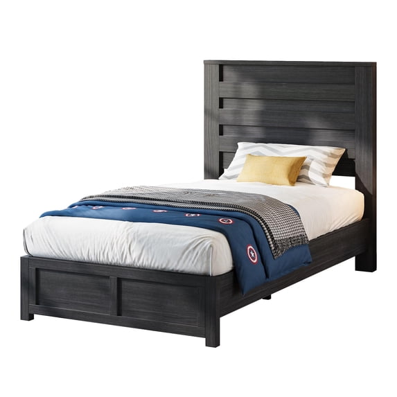 Papajet Farmhouse Twin Bed Frame with 49" Fluted Headboard, Platform Bed with Natural Wood Grain Finish, Noise Free, Black