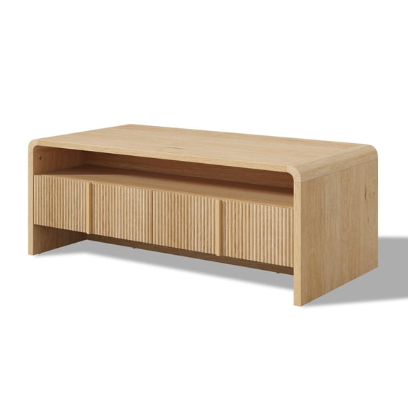 Papajet Fluted Coffee Table with Storage, Rounded Edges, Natural Oak Wood Living Room Table, 2 Drawers and Open Shelf, 39.4" Modern Center Table