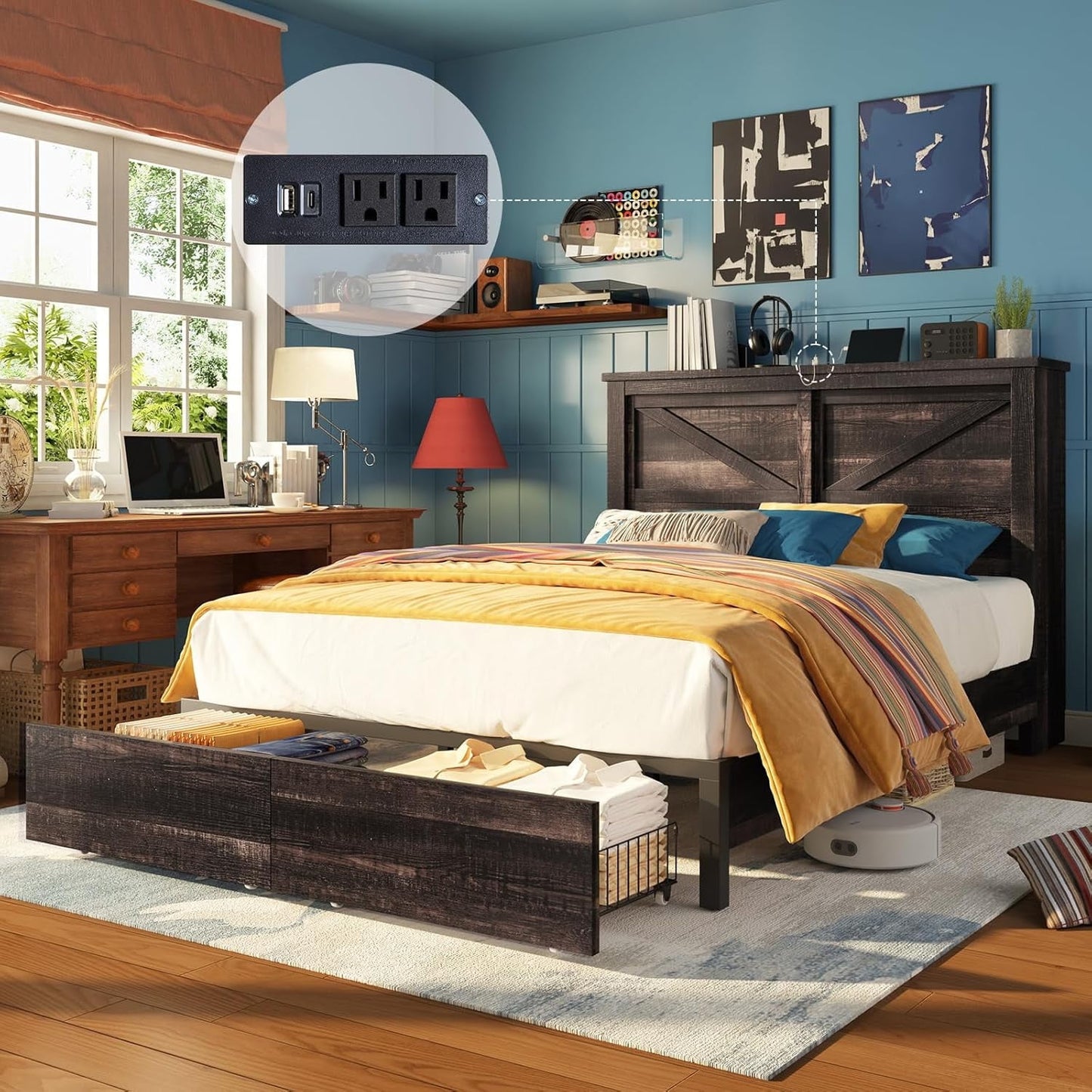 Papajet Full Bed Frame with Bookcase Headboard & Charging Station, 2 Storage Drawers, Black