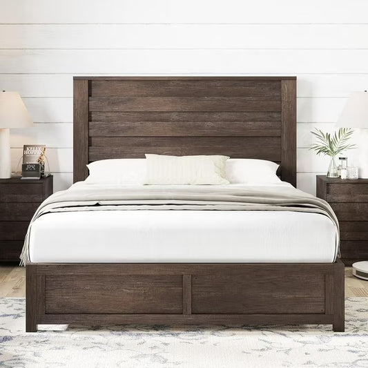 Papajet Full Size Bed Frame with Headboard, Farmhouse Platform and Natural Wood Grain