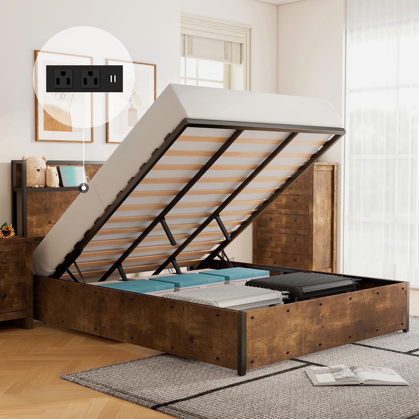 LUXOAK Bed Frame with Lift Up Storage Platform and Charging Station