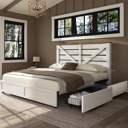 Papajet Farmhouse Bed Frame with 4 Drawers & Headboard, Heavy Duty Slats