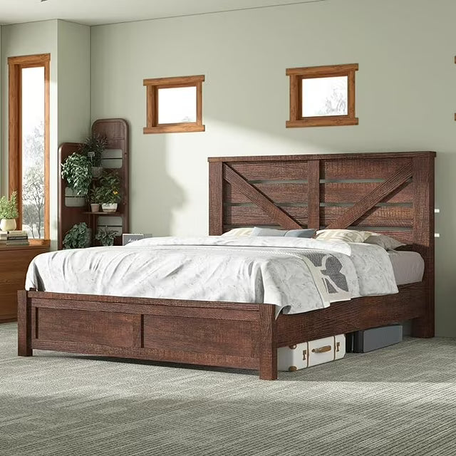 Papajet Farmhouse Bed Frame with Barn Door Headboard, Wood Slats and Storage Space