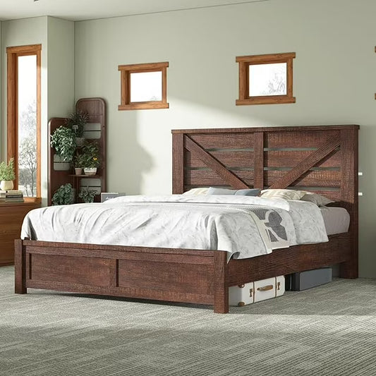 LUXOAK Farmhouse Bed Frame with Rustic Barn Door, Storage Space and Wood Slats