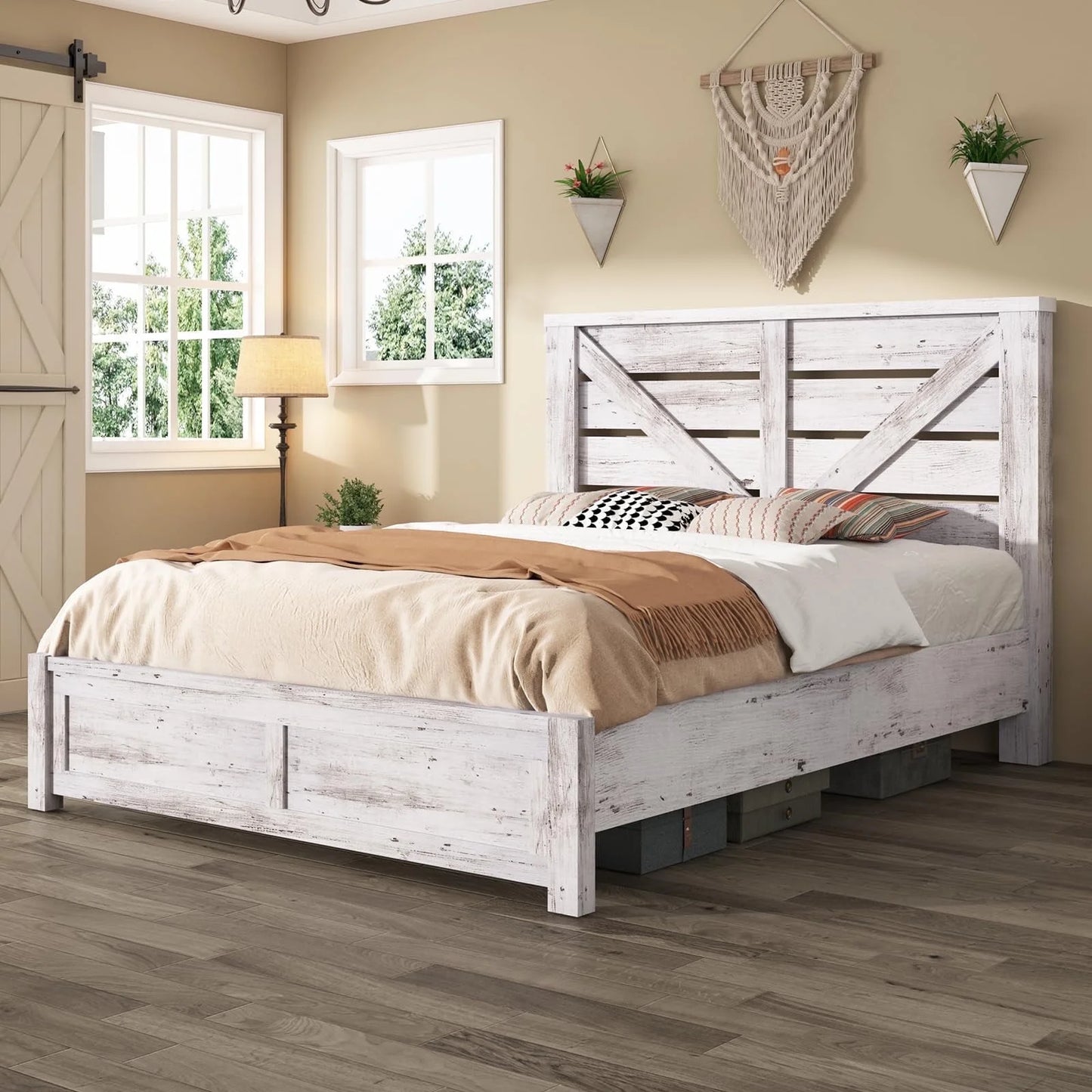Papajet Farmhouse Bed Frame with Barn Door Headboard, Wood Slats and Storage Space