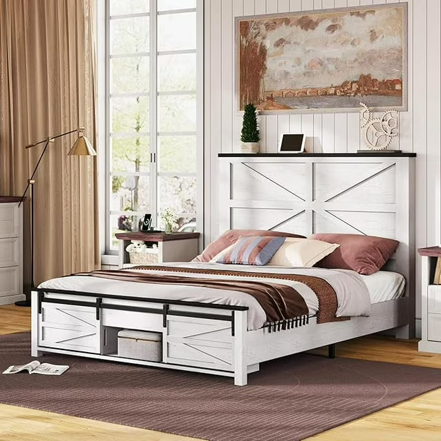 Papajet Farmhouse Wood Bed Frame with Storage Cabinets & Wood Slats