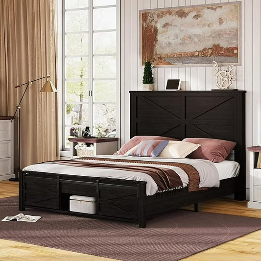 Papajet Farmhouse Wood Bed Frame with Storage Cabinets & Wood Slats