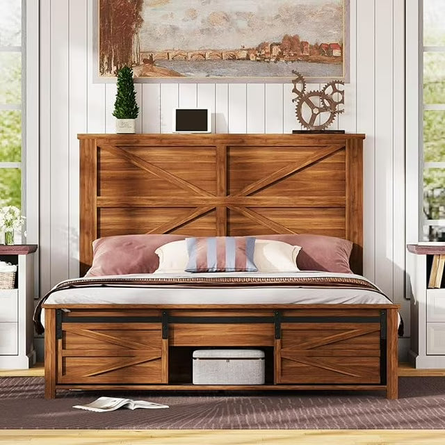 Papajet Farmhouse Wood Bed Frame with Storage Cabinets & Wood Slats